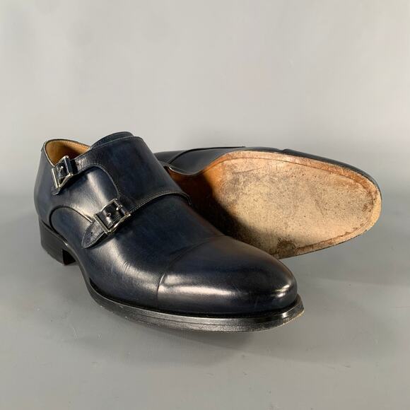 MAGNANNI Size 8 Navy Black Leather Double Monk Strap Loafers main image 10
